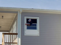 Storm panels protecting a doorway